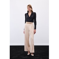 Sateen Kemerli Salaş Pantolon - Bej-136536 Bej Sateen Kemerli Salaş Pantolon - Bej-136536 Bej