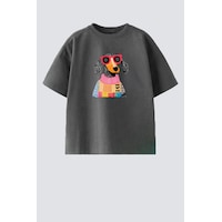 Monila Kız Çocuk Köpek Baskılı Pamuklu Bisiklet Yaka T-shirt Antrasit