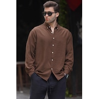 Madmext Kahverengi Uzun Kollu Oversize Erkek Gömlek 6735 Kahverengi