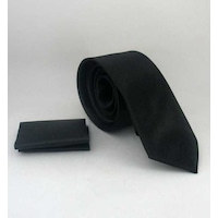 Gaffy Siyah Slim Fit İnce Düz Renk Mendilli Saten Kravat - SS-01 Siyah Gaffy Siyah Slim Fit İnce Düz Renk Mendilli Saten Kravat - SS-01 Siyah