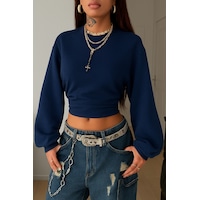 Kadın Bisiklet Yaka Belden Oturtmalı Tasarım Sweatshirt Lacivert Kadın Bisiklet Yaka Belden Oturtmalı Tasarım Sweatshirt Lacivert