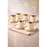 6 Kişilik Lüks Beyaz Gold Yaldızlı İnci Lotus Dallı Kahve Fincan Takımı Seti 100ml Altın - Beyaz