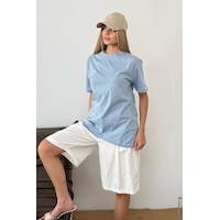 Kadın Bisiklet Yaka Basic T-shirt Mavi - 23507 Kadın Bisiklet Yaka Basic T-shirt Mavi - 23507