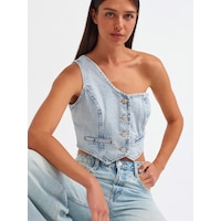 Dilvin Tek Omuzlu Denim Yelek Mavi Dilvin Tek Omuzlu Denim Yelek Mavi