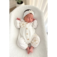 Cantoy Kız Bebek Yonca Detaylı Saç Bandı Hediyeli Tulum Ekru Cantoy Kız Bebek Yonca Detaylı Saç Bandı Hediyeli Tulum Ekru