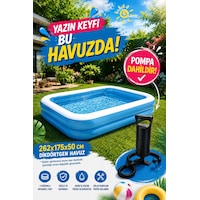 Hak-iş Oyuncak 262x175x50 CM Dikdörtgen Şişme Aile Havuzu + 30 CM Çift Fonksiyon El Pompası Dahil