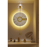 MetaQuartz Aksesuar Büyük Boy(50*75 cm)Gold Elit Three (PİLLİ LED SİSTEMİ) , Modern Dekoratif Metal Duvar Saati