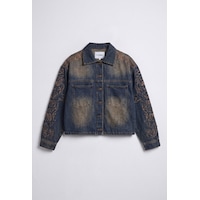 Kadın Koyu Kot 4w6-32 Oversize Nakış Detaylı Tasarım Denim Ceket Kadın Koyu Kot 4w6-32 Oversize Nakış Detaylı Tasarım Denim Ceket