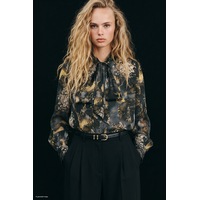 Sateen Desenli Fularlı Gömlek - Siyah-138056 Sateen Desenli Fularlı Gömlek - Siyah-138056