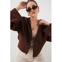 Bigdart Önü Bağlamalı Keten Kimono 960 - Kahverengi Bigdart Önü Bağlamalı Keten Kimono 960 - Kahverengi