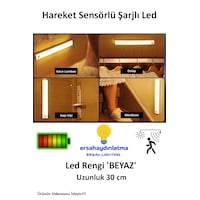 Hareket Sensörlü Şarjlı Led Lamba 30 Cm Beyaz Renk