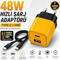 48W Hızlı Şarj Adaptörü + Type-c To Type-c Kablo Seti Pd & Qc 3.0 Destekli Usb + Type-c Çift Giriş Akıllı Koruma Hızlı Şarj Aleti Sarı 48W Hızlı Şarj Adaptörü + Type-c To Type-c Kablo Seti Pd & Qc 3.0 Destekli Usb + Type-c Çift Giriş Akıllı Koruma Hızlı Şarj Aleti Sarı