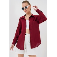Bigdart 20153 Tek Cepli Oversize Keten Gömlek - Bordo Bigdart 20153 Tek Cepli Oversize Keten Gömlek - Bordo