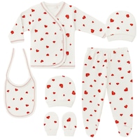Hece Bebe %100 Pamuklu 5 Parça Hastane Çıkışı Seti Bebek Zıbın Takımı, Şapka, Önlük, Eldiven Ekru - Kırmızı Hece Bebe %100 Pamuklu 5 Parça Hastane Çıkışı Seti Bebek Zıbın Takımı, Şapka, Önlük, Eldiven Ekru - Kırmızı
