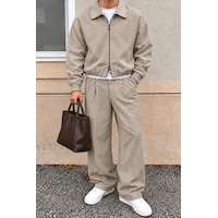 Erkek Oversize Çift Fermuarlı Ceket Ve Baggy Pantolon Alt Üst Takım Bej Erkek Oversize Çift Fermuarlı Ceket Ve Baggy Pantolon Alt Üst Takım Bej