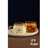 Porsima 2089 2li Borosilikat Isıya Ateşe Dayanıklı Cam Kulplu Çay Bardağı Kahve Bardak Kupa Sarı 400 Ml Şeffaf