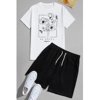 Uyguntarz Unisex Be Happy Baskılı Şort Takım Beyaz