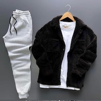 Fifty Color Unisex Siyah Peluş Polar Hırka Gömlek Gri Eşofman Altı Takım Gri - Siyah Fifty Color Unisex Siyah Peluş Polar Hırka Gömlek Gri Eşofman Altı Takım Gri - Siyah