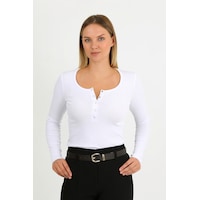 Hdm Kadın Beyaz Uzun Kollu Fitilli Patlı Çıtçıtlı Basic Örme Bluz - H6172 Hdm Kadın Beyaz Uzun Kollu Fitilli Patlı Çıtçıtlı Basic Örme Bluz - H6172