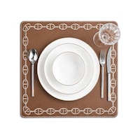 Nakışlı Deri Amerikan Servis 2'li Set Çift Taraflı Kare Supla 40x40 Cm Raya Kahve Gold Koyu Kahve