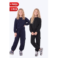 Fyk Kids 3 İplik Kız Çocuk Düz Kısa Bel Sweatshirt Bisiklet Yaka 2'li Eşofman Takımı Lacivert-siyah Fyk Kids 3 İplik Kız Çocuk Düz Kısa Bel Sweatshirt Bisiklet Yaka 2'li Eşofman Takımı Lacivert-siyah