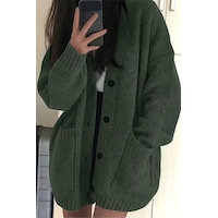 Kadın Oversize Cepli Düğmeli V Yaka Triko Hırka Haki Kadın Oversize Cepli Düğmeli V Yaka Triko Hırka Haki