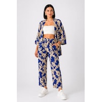 Trend Alisse Desenli Kimono Kadın Alt Üst Takım Mavi