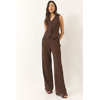 Kadın Yüksek Bel Rahat Palazzo Pantolonlu Yelekli Örme Alt-üst Takım 9315 60281022 - Acı Kahve Acı Kahverengi