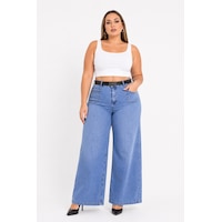 Zanessi Fashıon Büyük Beden Denim Yüksek Bel Kemerli Ön Cep Detaylı Bol Paça Kadın Pantolon Mavi Zanessi Fashıon Büyük Beden Denim Yüksek Bel Kemerli Ön Cep Detaylı Bol Paça Kadın Pantolon Mavi