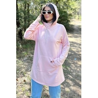 Kadın Pudra Uzun Kol, Yakası Bağcıklı, Kapüşonlu, Kanguru Cep, Salaş, Uzun Tunik Sweatshirt Kadın Pudra Uzun Kol, Yakası Bağcıklı, Kapüşonlu, Kanguru Cep, Salaş, Uzun Tunik Sweatshirt