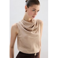 Sateen Degaje Yaka Bluz - Bej-136753 Bej Sateen Degaje Yaka Bluz - Bej-136753 Bej