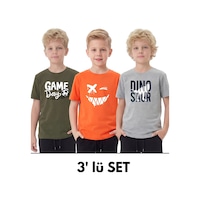 Fyk Kids 3'lü Yuvarlak Yakalı Baskı Detaylı Basic 3 Parça Erkek Çocuk Tişört Haki - Gri