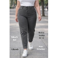 Cedy Denim Mom Fit Jean Büyük Beden Yüksek Bel Carrot Kesim Dar Paça Pileli Esnek Kot Pantolon C600 Gri