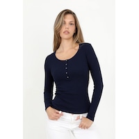 Hdm Kadın Lacivert Uzun Kollu Fitilli Patlı Düğmeli Basic Örme Bluz - H6162 Hdm Kadın Lacivert Uzun Kollu Fitilli Patlı Düğmeli Basic Örme Bluz - H6162