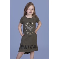 Toontoy Kız Çocuk I Want It All Baskılı Elbise Haki