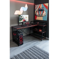 Siyah Raflı Çift Yöne Uygun Oyuncu Masası, Bilgisayar Masası, Gamer Masası, Gaming Masa, L Masa - Sks-l Siyah - Kırmızı