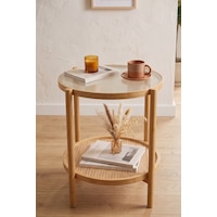 Robin Home Bambu Temperli Camlı Rattan Raflı Yuvarlak Yan Sehpa 45 45cm Bej Robin Home Bambu Temperli Camlı Rattan Raflı Yuvarlak Yan Sehpa 45 45cm Bej