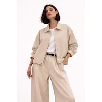 Kadın Oversize Basic Gabardin Mevsimlik Polo Yaka Ceket-385 Taş