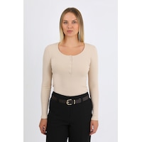 Hdm Kadın Bej Uzun Kollu Fitilli Patlı Çıtçıtlı Basic Örme Bluz - H6172 Hdm Kadın Bej Uzun Kollu Fitilli Patlı Çıtçıtlı Basic Örme Bluz - H6172