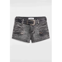 Kadın Koyu Füme Mini Kemer Dahil Özel Tasarım Denim Şort Siyah Kadın Koyu Füme Mini Kemer Dahil Özel Tasarım Denim Şort Siyah