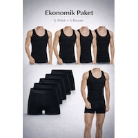 Qulat Erkek Atlet Boxer Seti 10 Lu Ekonomik Paket 5 Atlet + 5 Boxer Pamuklu İç Giyim Siyah