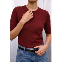 Sateen Omuzları Düğmeli Kısa Kol Triko - Kırmızı-137918 Sateen Omuzları Düğmeli Kısa Kol Triko - Kırmızı-137918