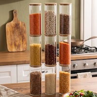 Porsima 3-3 Bambu Vakumlu Kapaklı Yuvarlak Borosilikat Cam 9lu Kavanoz Seti Saklama Kabı 1650ml 10x25cm Şeffaf Porsima 3-3 Bambu Vakumlu Kapaklı Yuvarlak Borosilikat Cam 9lu Kavanoz Seti Saklama Kabı 1650ml 10x25cm Şeffaf