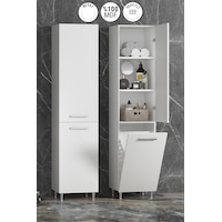 40x167 Cm Beyaz Mdf Sepetli Ayaklı Banyo Boy Dolabı
