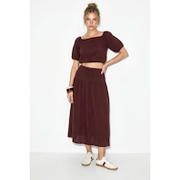 Shade Kadın Balon Kollu Crop Bluz Bağlama Detaylı Pamuklu Müslin Etek Takım Yc2728 60286287 - Mürdüm Shade Kadın Balon Kollu Crop Bluz Bağlama Detaylı Pamuklu Müslin Etek Takım Yc2728 60286287 - Mürdüm