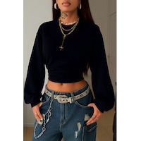 Kadın Bisiklet Yaka Belden Oturtmalı Tasarım Sweatshirt Siyah Kadın Bisiklet Yaka Belden Oturtmalı Tasarım Sweatshirt Siyah