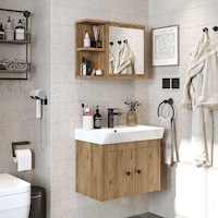 Lavabolu Mat Suntalam 60 Cm Banyo Dolabı + Aynalı Üst Dolabı Atlantik Çam Lavabolu Mat Suntalam 60 Cm Banyo Dolabı + Aynalı Üst Dolabı Atlantik Çam