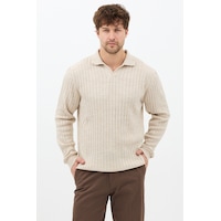 Erkek Bej Slim Fit Uzun Kollu Polo Yaka Triko Kazak Bej Erkek Bej Slim Fit Uzun Kollu Polo Yaka Triko Kazak Bej