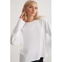 Grımelange Basıl Kadın %100 Pamuk Bisiklet Yaka Oversize Fit Uzun Kollu Beyaz T-shirt Grımelange Basıl Kadın %100 Pamuk Bisiklet Yaka Oversize Fit Uzun Kollu Beyaz T-shirt