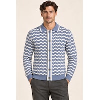Tarz Cool Erkek Polo Yaka Zikzak Desenli Düğmeli Triko Hırka Akrilik Karışımlı Slim Fit Mavi Tarz Cool Erkek Polo Yaka Zikzak Desenli Düğmeli Triko Hırka Akrilik Karışımlı Slim Fit Mavi